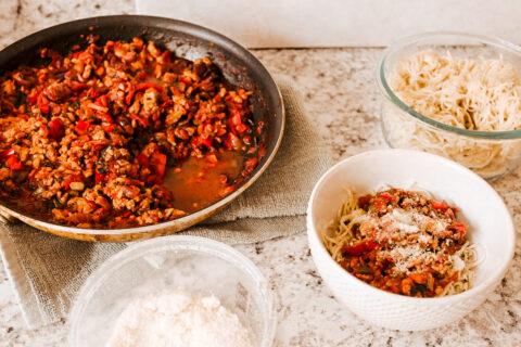 Comfort food homemade bolognese sauce infused with wine